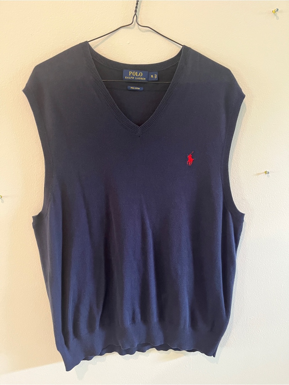Ralph Lauren Men's Navy V-Neck Sweater Vest with Red Pony Embroidery